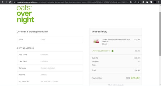 Oats Overnight checkout page showing Oats Overnight discount code box | Screenshot taken by SimplyCodes community member on Mar 31, 2022
