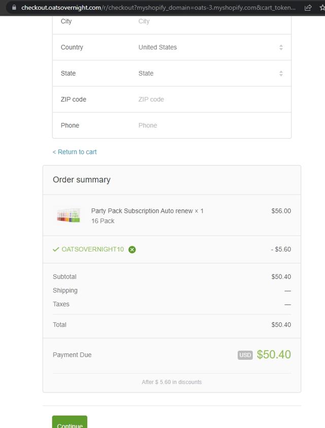 Oats Overnight checkout page showing Oats Overnight discount code box | Screenshot taken by SimplyCodes community member on Feb 24, 2022