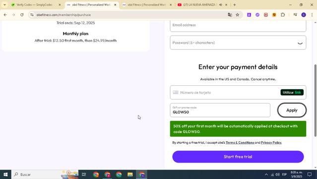 Obe Fitness checkout page showing Obe Fitness promo code box | Screenshot taken by SimplyCodes community member on Sep 5, 2025