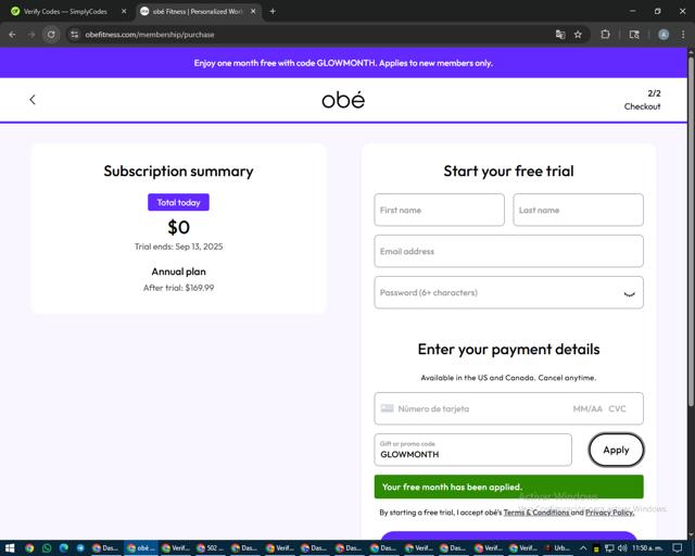 Obe Fitness checkout page showing Obe Fitness promo code box | Screenshot taken by SimplyCodes community member on Aug 14, 2025