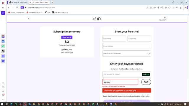 Obe Fitness checkout page showing Obe Fitness promo code box | Screenshot taken by SimplyCodes community member on Sep 11, 2025