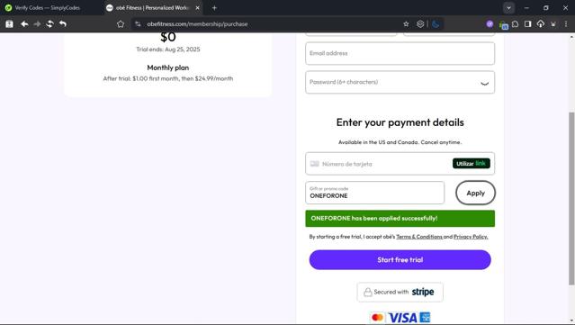 Obe Fitness checkout page showing Obe Fitness promo code box | Screenshot taken by SimplyCodes community member on Aug 18, 2025