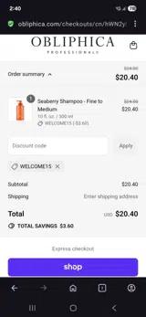 Welcome15 coupon verification screenshot