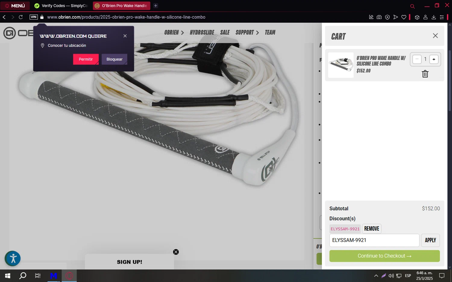 O'brien promo code screenshot showing code ELYSSAM-9921 applied at O'brien checkout page. Uploaded by SimplyCodes community member TreasureCaptain9598 on Mar 25, 2025