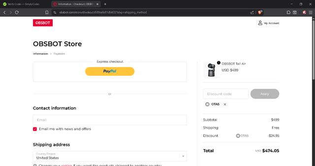 OBSBOT checkout page showing OBSBOT discount code box | Screenshot taken by SimplyCodes community member on Jul 21, 2025
