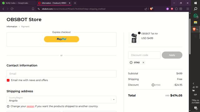 OBSBOT checkout page showing OBSBOT discount code box | Screenshot taken by SimplyCodes community member on Jul 21, 2025