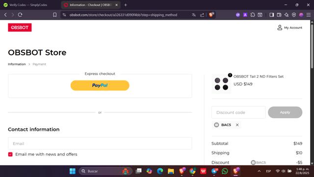 OBSBOT checkout page showing OBSBOT discount code box | Screenshot taken by SimplyCodes community member on Aug 22, 2025