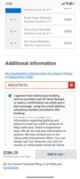 OC Boat Rentals coupon verification screenshot