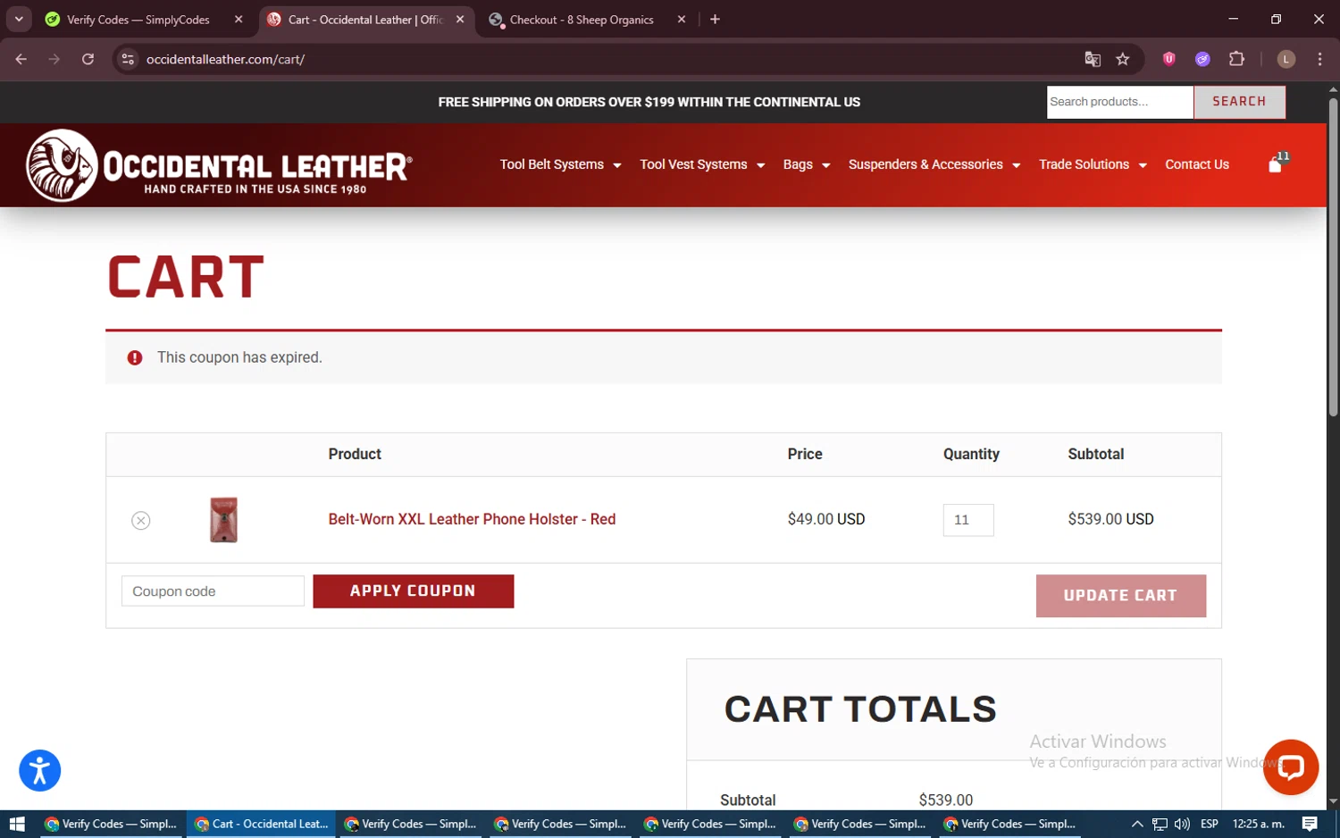 Occidental Leather coupon code screenshot showing code X25FDP applied at Occidental Leather checkout page. Uploaded by SimplyCodes community member BrilliantTiger9986 on Jun 17, 2025