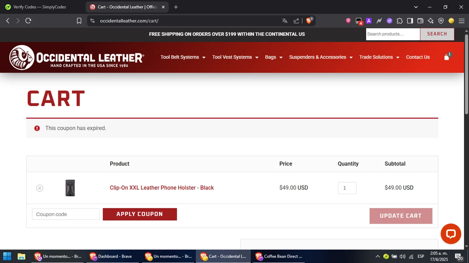 Occidental Leather coupon code screenshot showing code X25FDP applied at Occidental Leather checkout page. Uploaded by SimplyCodes community member PromoScout8746 on Jun 17, 2025