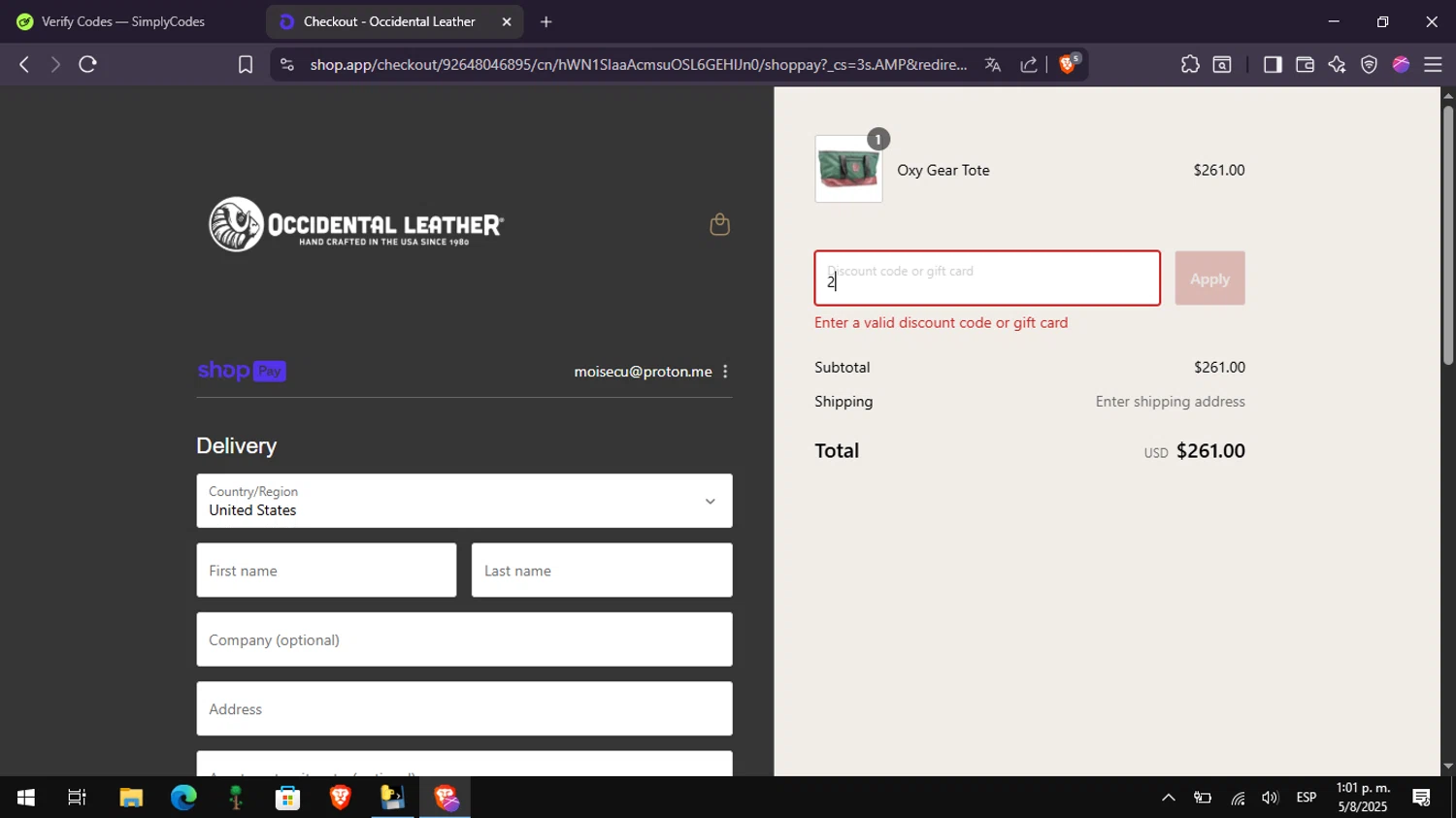 Occidental Leather coupon code screenshot showing code KickOffTee applied at Occidental Leather checkout page. Uploaded by SimplyCodes community member Mangoverde on Aug 5, 2025