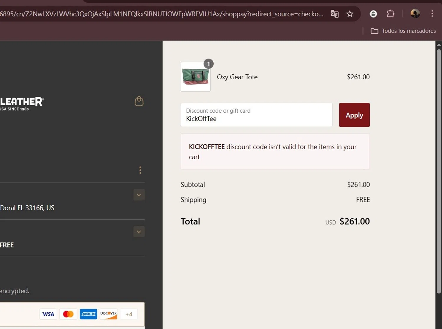 Occidental Leather coupon code screenshot showing code KickOffTee applied at Occidental Leather checkout page. Uploaded by SimplyCodes community member Milaya on Jul 7, 2025