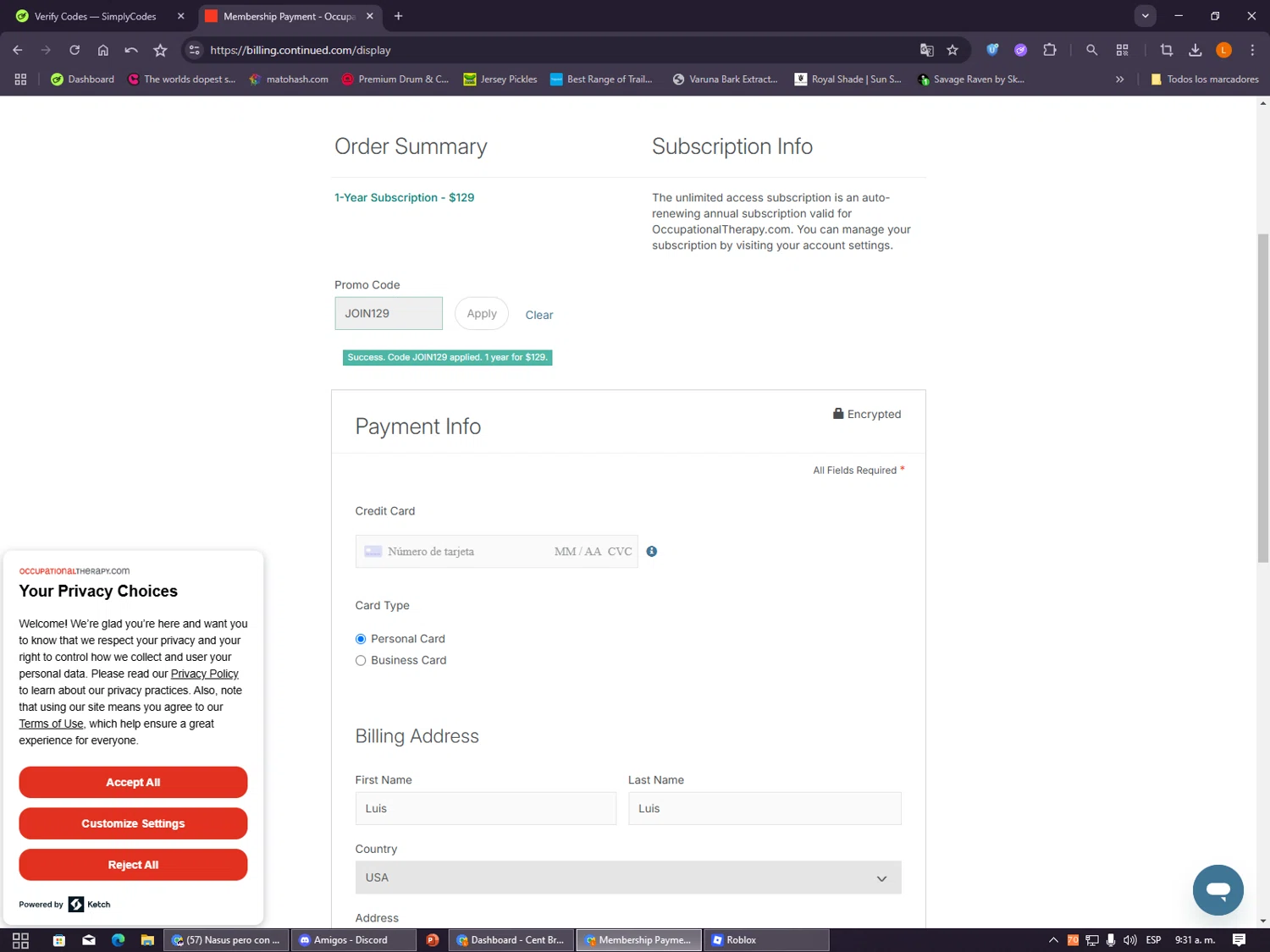 OccupationalTherapy.com promo code screenshot showing code JOIN129 applied at OccupationalTherapy.com checkout page. Uploaded by SimplyCodes community member VayneChambeadora on Dec 18, 2025