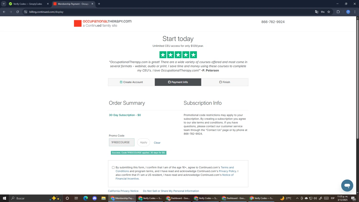 OccupationalTherapy.com promo code screenshot showing code 1FREECOURSE applied at OccupationalTherapy.com checkout page. Uploaded by SimplyCodes community member RoyalExpert3857 on Dec 4, 2025