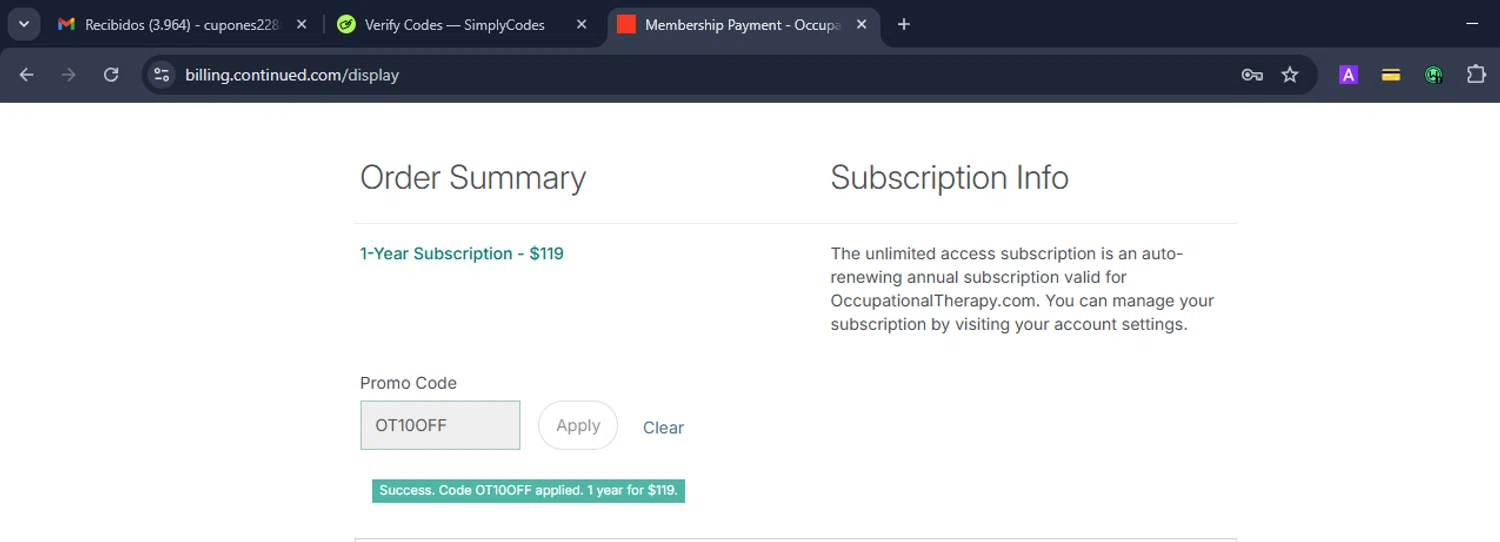 OccupationalTherapy.com promo code screenshot showing code OT10OFF applied at OccupationalTherapy.com checkout page. Uploaded by SimplyCodes community member Eduard on Sep 21, 2025