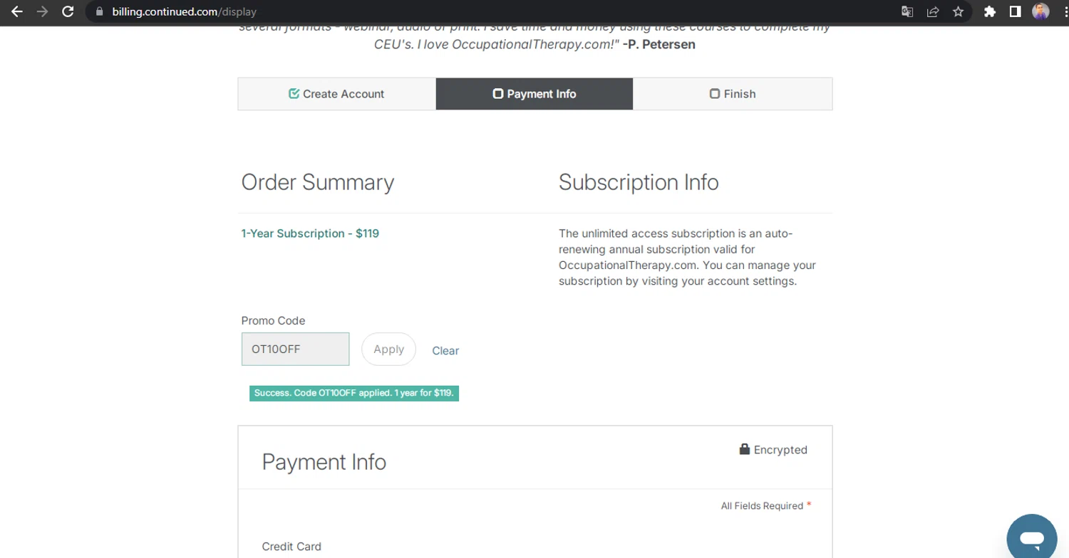 OccupationalTherapy.com promo code screenshot showing code OT10OFF applied at OccupationalTherapy.com checkout page. Uploaded by SimplyCodes community member HUNTER1406 on Oct 20, 2025