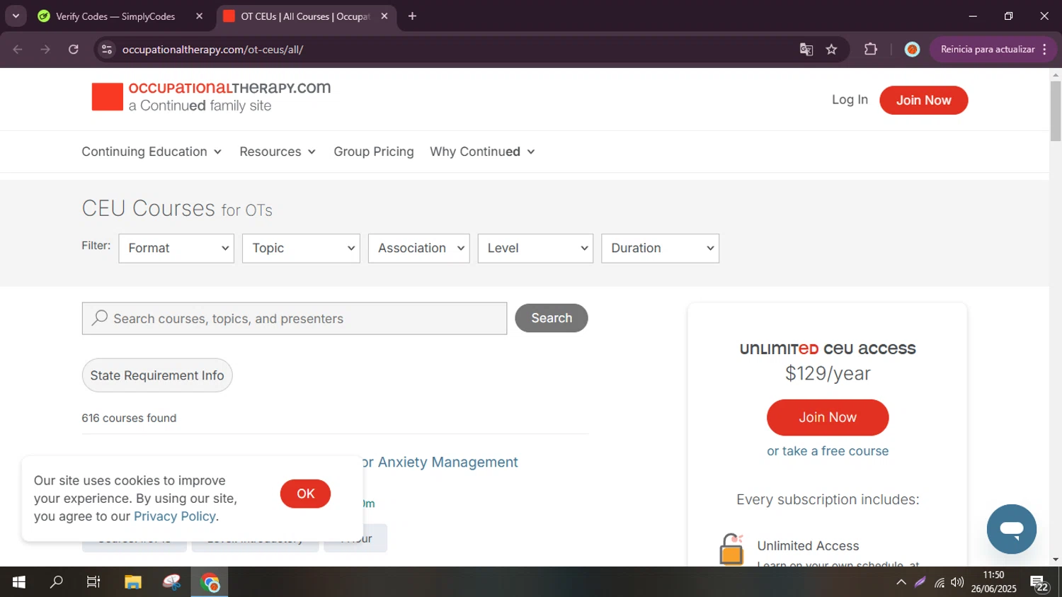 OccupationalTherapy.com promo code screenshot showing code OT10OFF applied at OccupationalTherapy.com checkout page. Uploaded by SimplyCodes community member Mr_fran on Jun 26, 2025