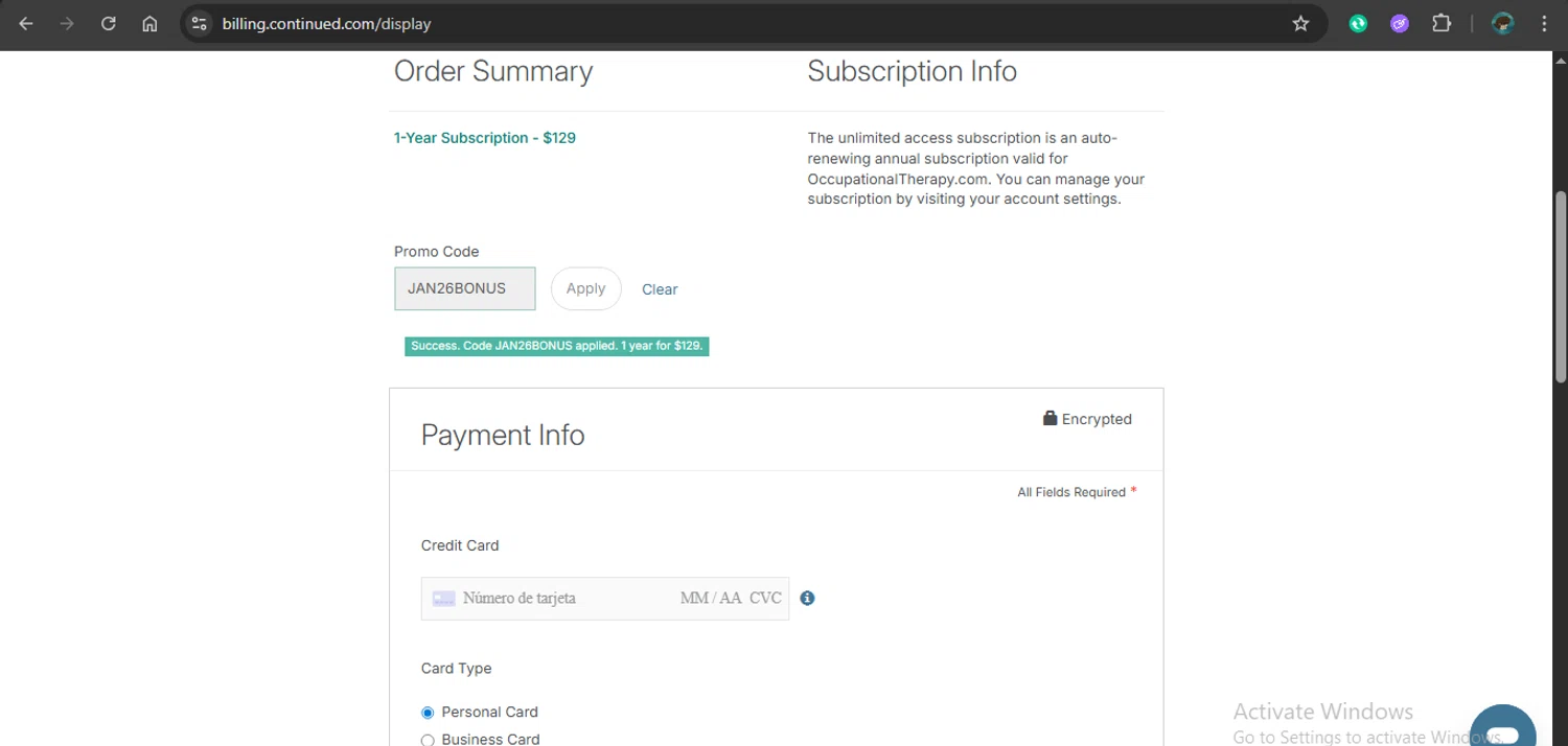 OccupationalTherapy.com checkout page showing OccupationalTherapy.com promo code box | Screenshot taken by SimplyCodes community member on Jan 21, 2026