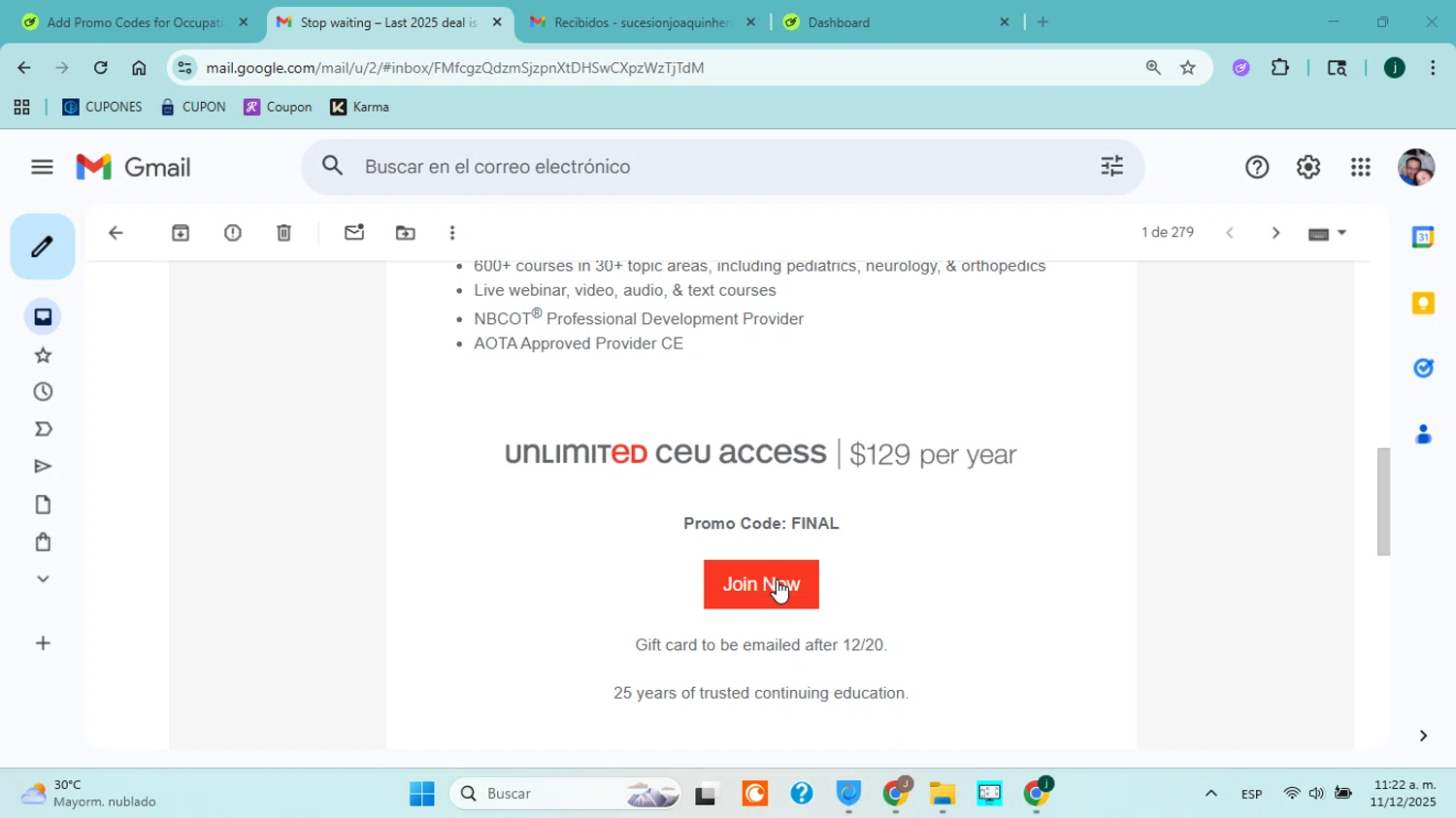 OccupationalTherapy.com promo code screenshot showing code FINAL applied at OccupationalTherapy.com checkout page. Uploaded by SimplyCodes community member jorgejavierherrera on Dec 11, 2025