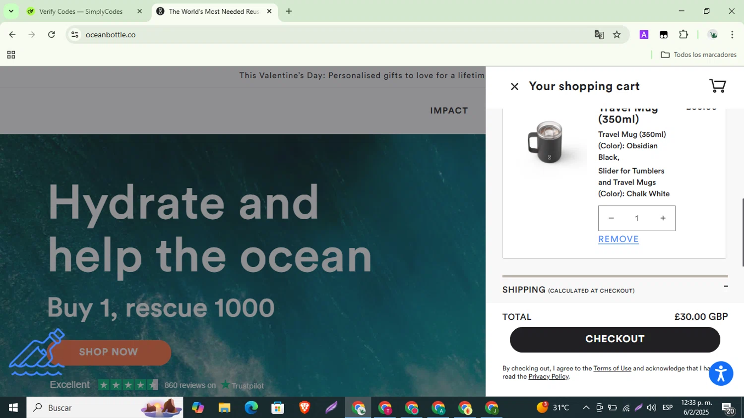 Ocean Bottle promo code screenshot showing code save50%engraving applied at Ocean Bottle checkout page. Uploaded by SimplyCodes community member ShrewdSaver8478 on Feb 6, 2025