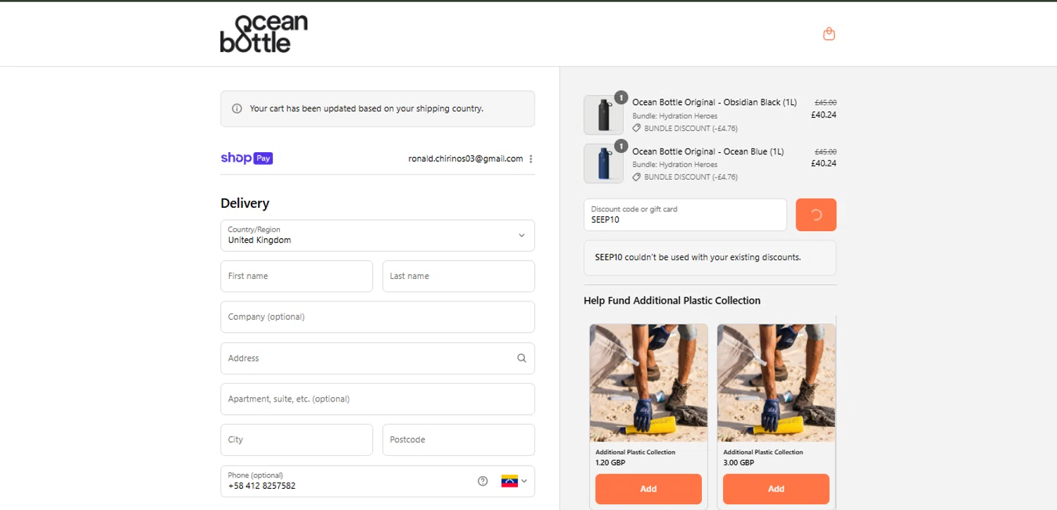 Ocean Bottle promo code screenshot showing code SEEP10 applied at Ocean Bottle checkout page. Uploaded by SimplyCodes community member davisams on Aug 12, 2025