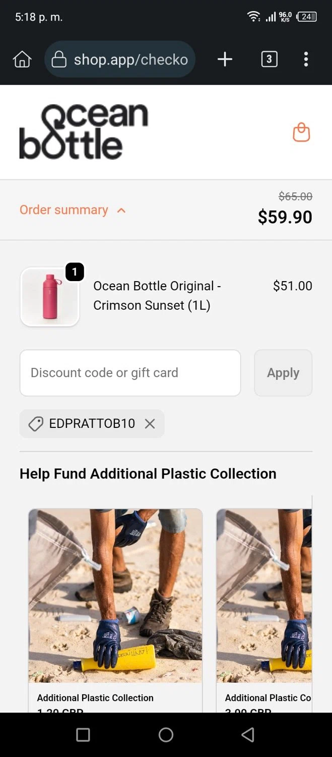 Ocean Bottle promo code screenshot showing code EDPRATTOB10 applied at Ocean Bottle checkout page. Uploaded by SimplyCodes community member AnthonyGuapeton94 on Oct 31, 2025