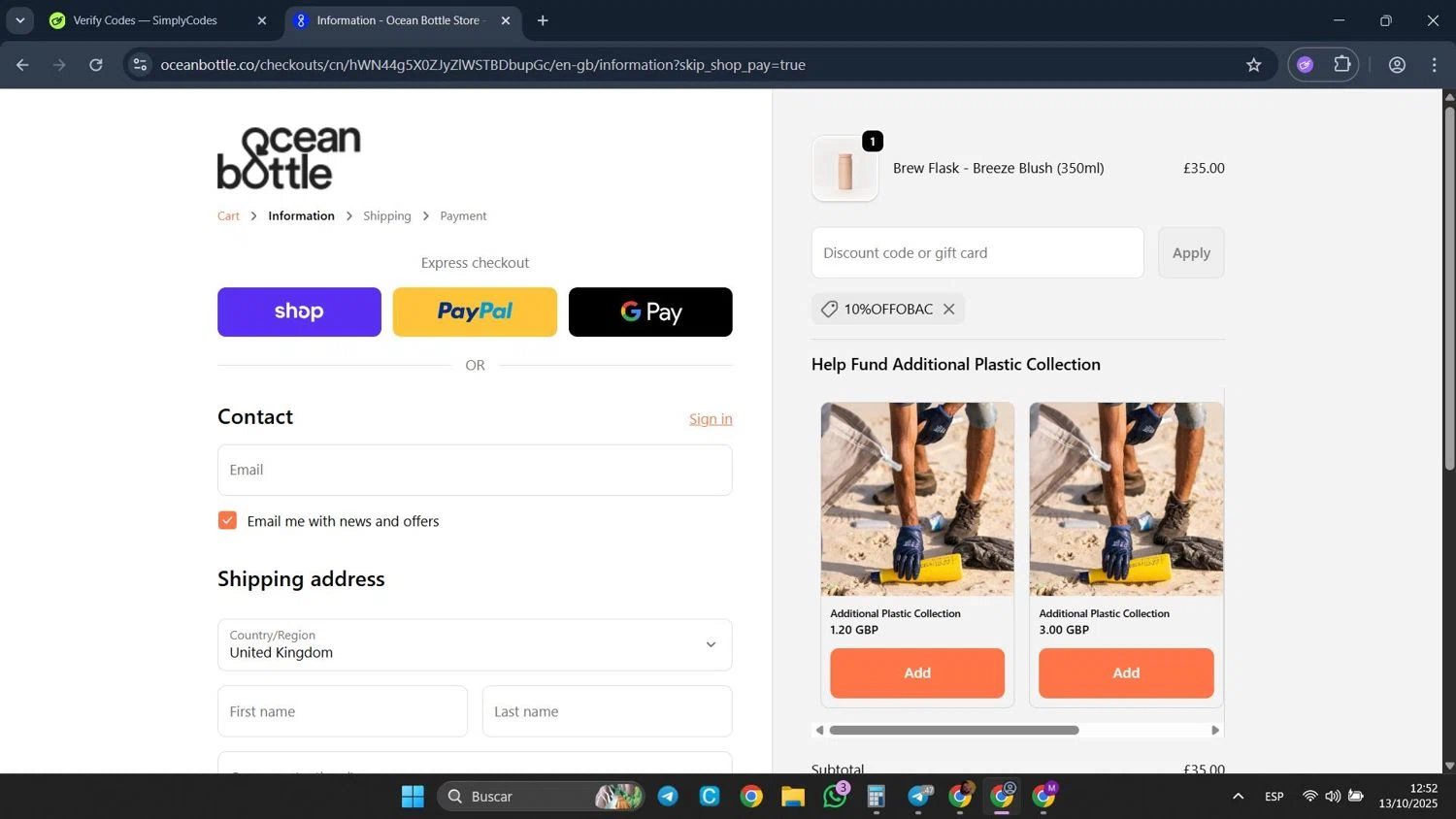 Ocean Bottle promo code screenshot showing code 10%OFFOBAC applied at Ocean Bottle checkout page. Uploaded by SimplyCodes community member CleverFalcon6244 on Oct 13, 2025