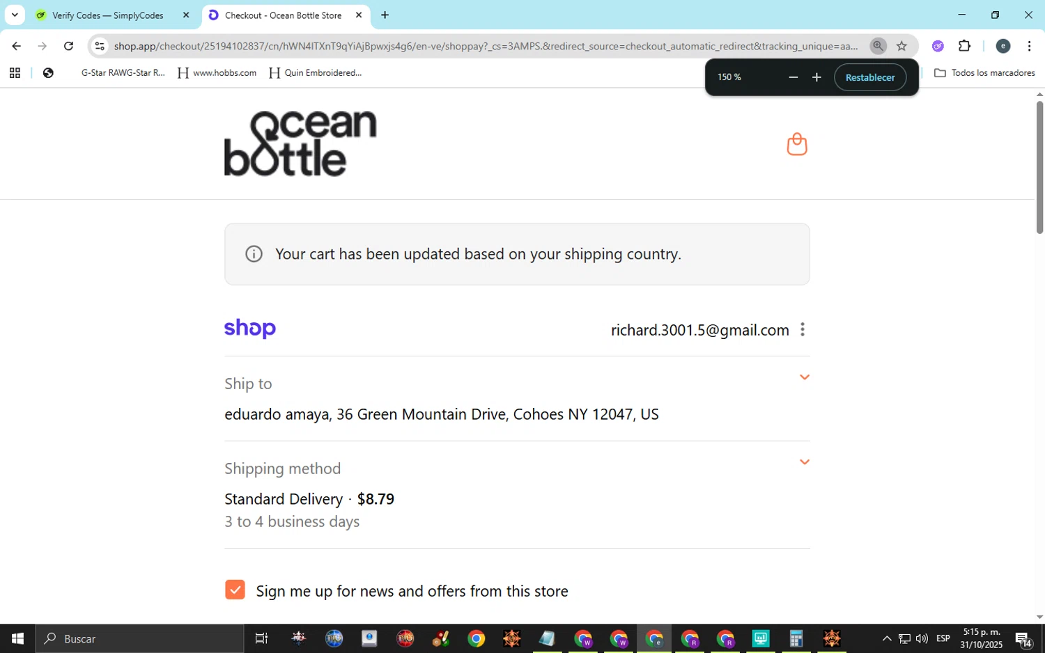 Ocean Bottle promo code screenshot showing code 10%OFFOBAC applied at Ocean Bottle checkout page. Uploaded by SimplyCodes community member jose05elfrikia847 on Oct 31, 2025