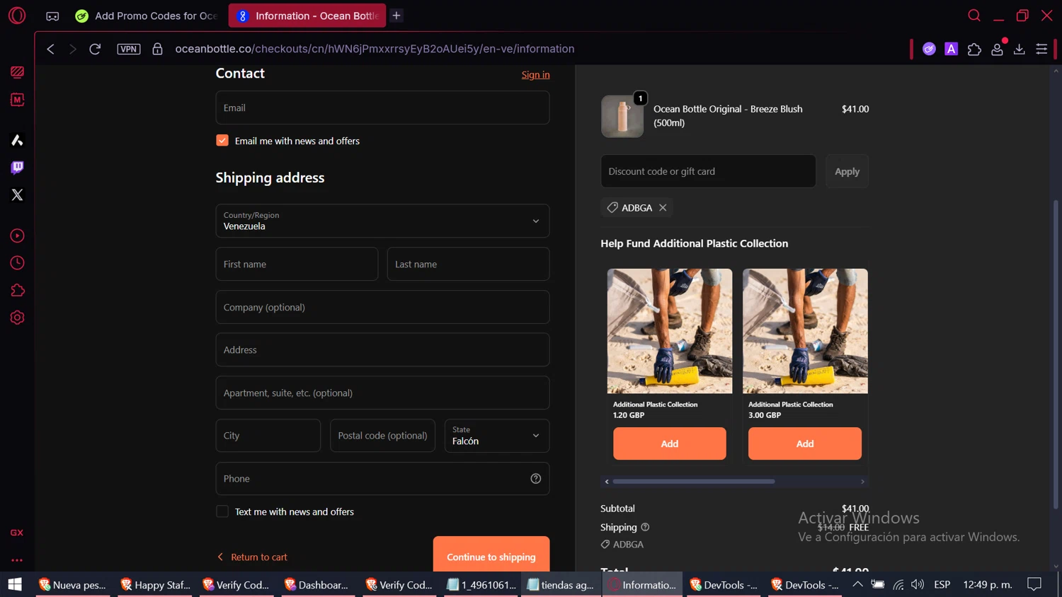 Ocean Bottle promo code screenshot showing code ADBGA applied at Ocean Bottle checkout page. Uploaded by SimplyCodes community member CashElite5536 on Dec 22, 2025