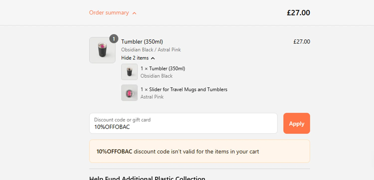 Ocean Bottle promo code screenshot showing code 10%OFFOBAC applied at Ocean Bottle checkout page. Uploaded by SimplyCodes community member ashe1986 on Aug 12, 2025