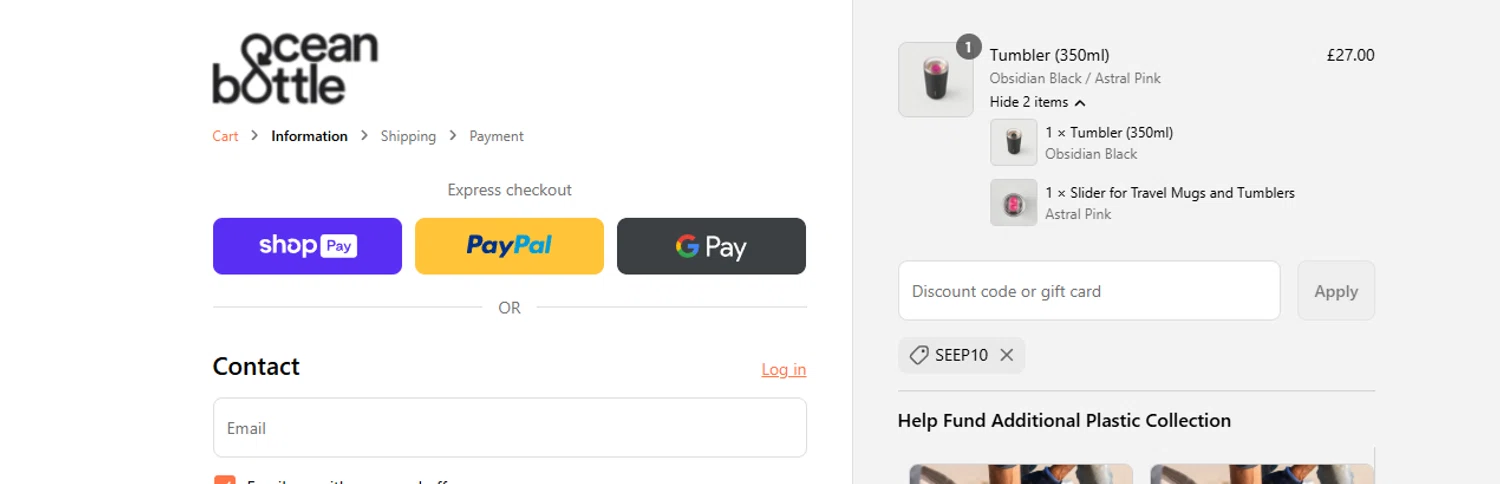 Ocean Bottle promo code screenshot showing code SEEP10 applied at Ocean Bottle checkout page. Uploaded by SimplyCodes community member ashe1986 on Aug 12, 2025