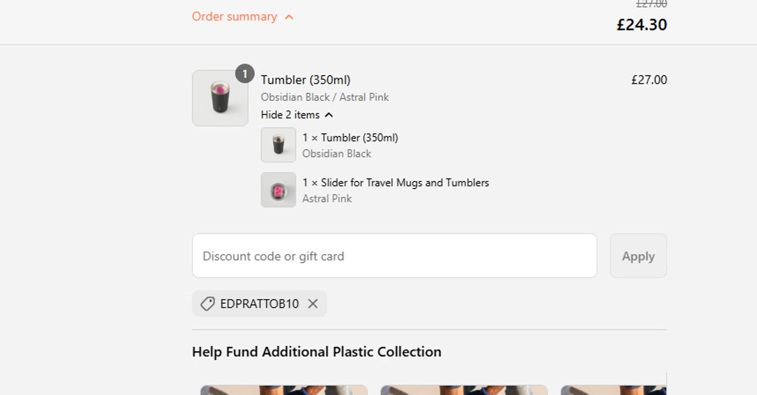 Ocean Bottle promo code screenshot showing code EDPRATTOB10 applied at Ocean Bottle checkout page. Uploaded by SimplyCodes community member ashe1986 on Aug 12, 2025