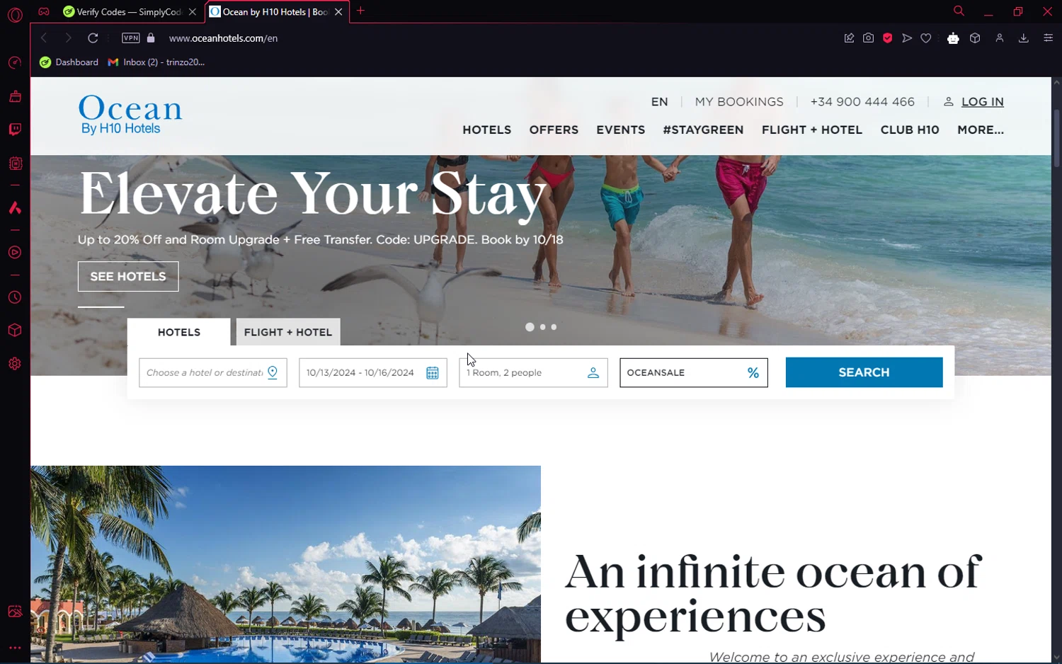 OCEAN by H10 Hotels checkout page showing OCEAN by H10 Hotels promo code box | Screenshot taken by SimplyCodes community member on Oct 13, 2024