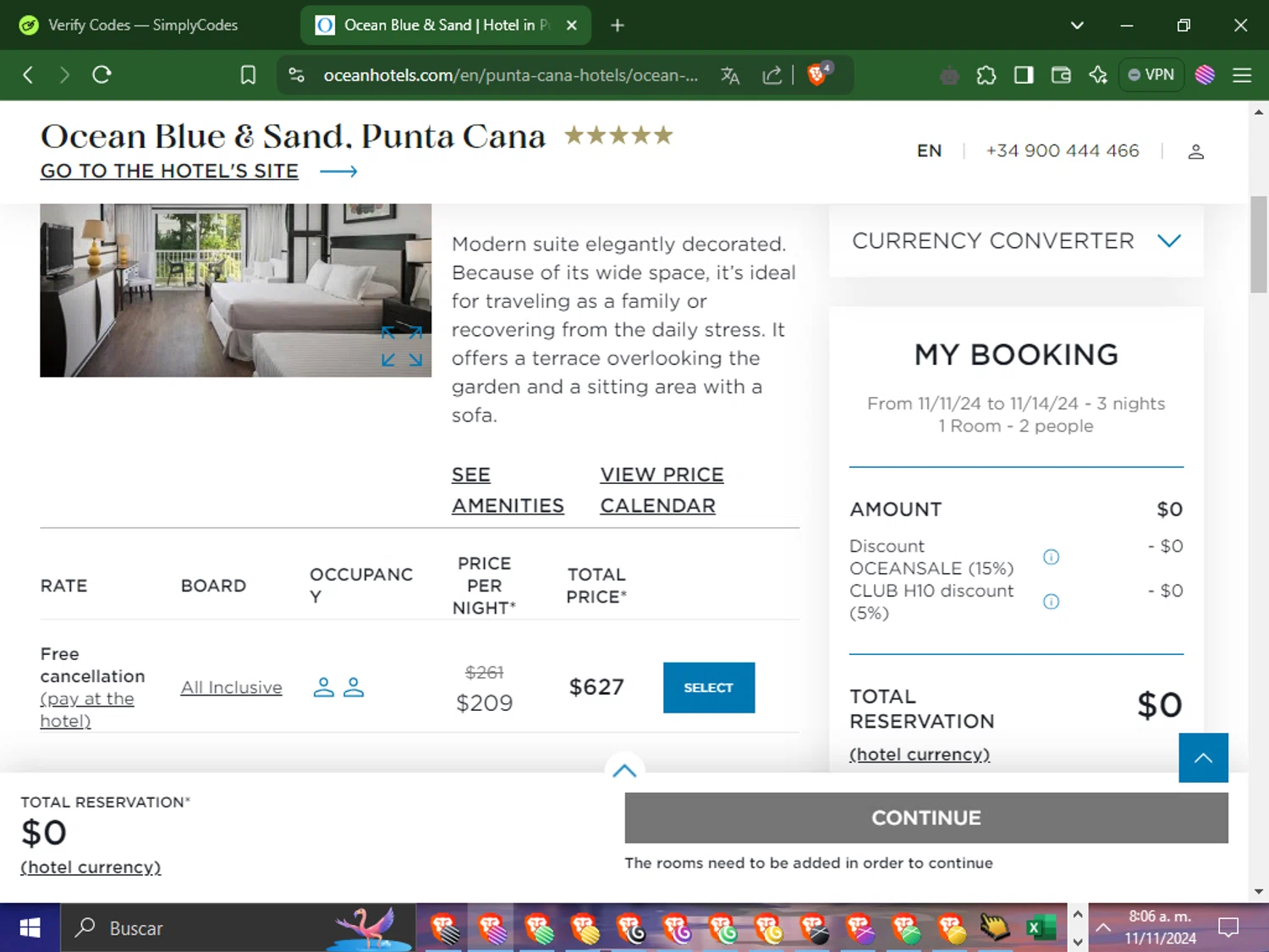 OCEAN by H10 Hotels checkout page showing OCEAN by H10 Hotels promo code box | Screenshot taken by SimplyCodes community member on Nov 11, 2024