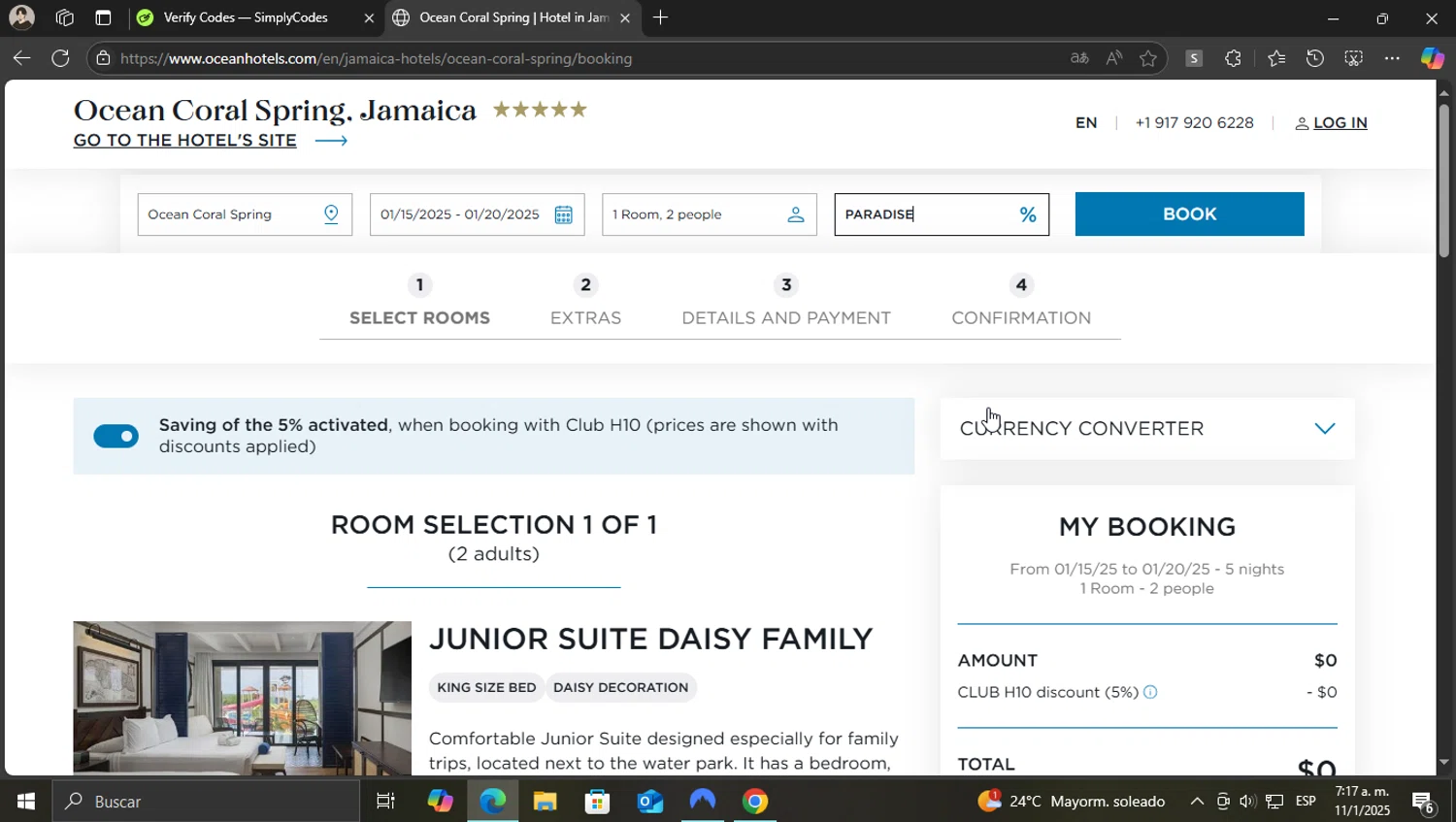 OCEAN by H10 Hotels checkout page showing OCEAN by H10 Hotels promo code box | Screenshot taken by SimplyCodes community member on Jan 11, 2025