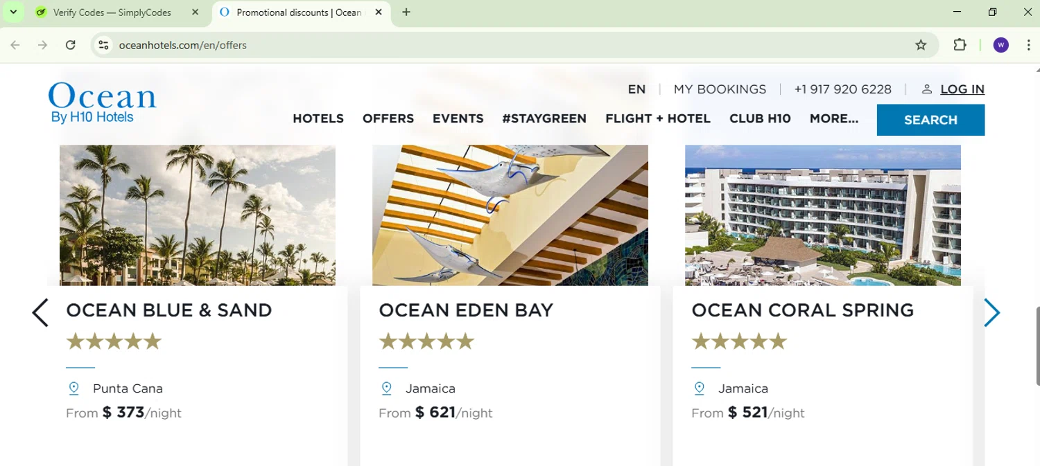 OCEAN by H10 Hotels checkout page showing OCEAN by H10 Hotels promo code box | Screenshot taken by SimplyCodes community member on Mar 10, 2025
