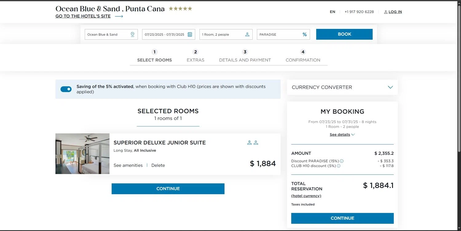 OCEAN by H10 Hotels promo code screenshot showing code PARADISE applied at OCEAN by H10 Hotels checkout page. Uploaded by SimplyCodes community member Depressive on Jul 22, 2025