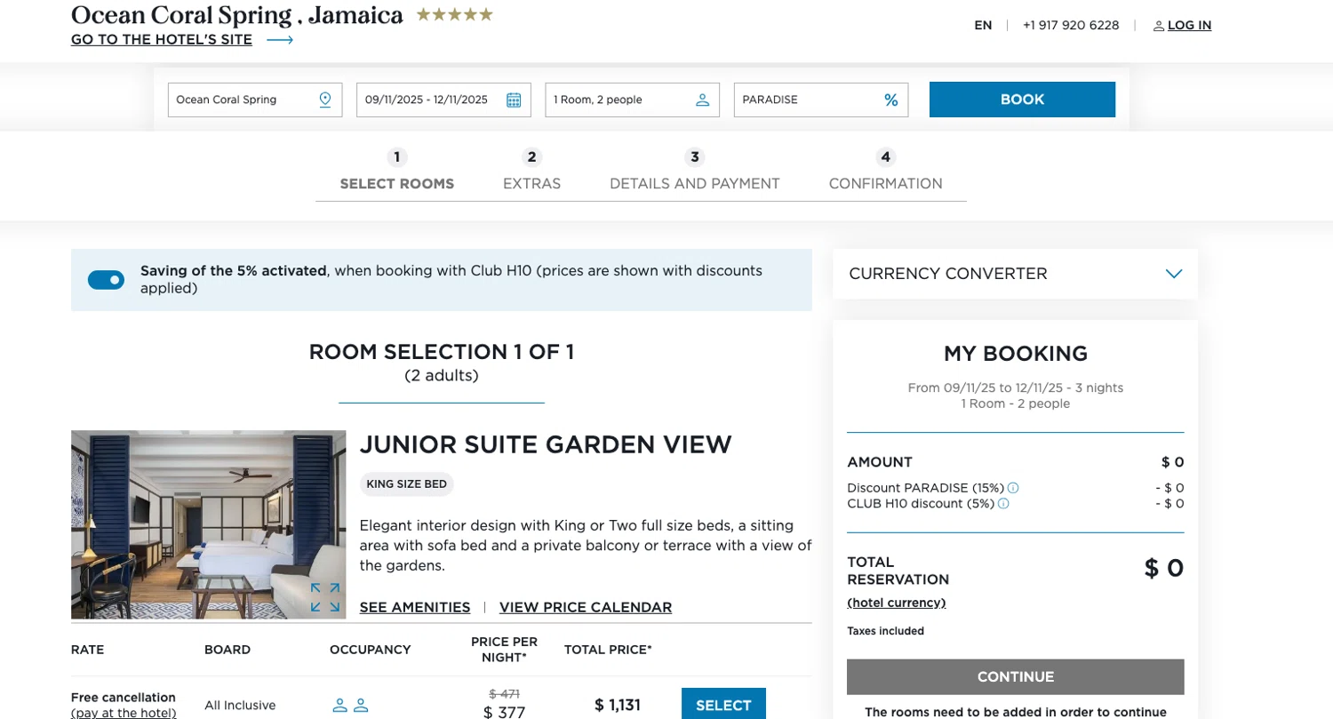OCEAN by H10 Hotels promo code screenshot showing code PARADISE applied at OCEAN by H10 Hotels checkout page. Uploaded by SimplyCodes community member ELOIN777 on Nov 9, 2025