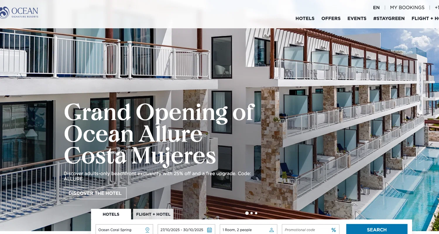 OCEAN by H10 Hotels promo code screenshot showing code ALLURE applied at OCEAN by H10 Hotels checkout page. Uploaded by SimplyCodes community member ELOIN777 on Oct 27, 2025
