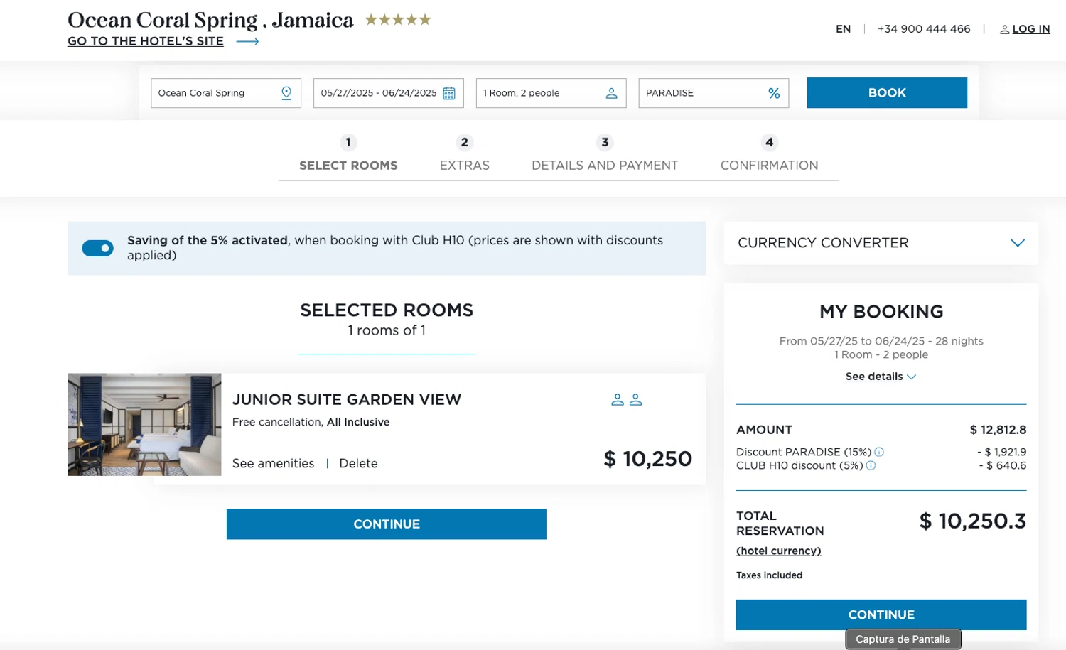 OCEAN by H10 Hotels promo code screenshot showing code PARADISE applied at OCEAN by H10 Hotels checkout page. Uploaded by SimplyCodes community member ELOIN777 on May 24, 2025