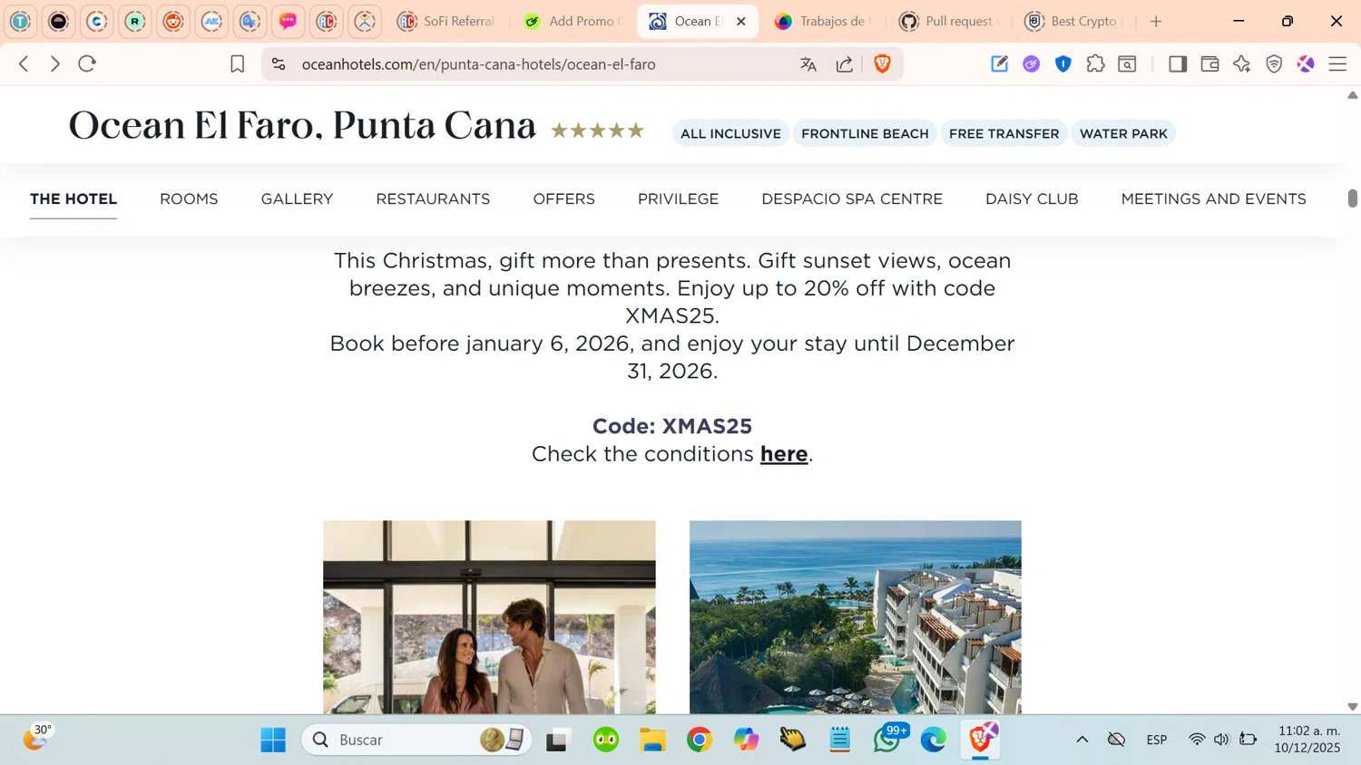 OCEAN by H10 Hotels promo code screenshot showing code XMAS25 applied at OCEAN by H10 Hotels checkout page. Uploaded by SimplyCodes community member cosita on Dec 10, 2025