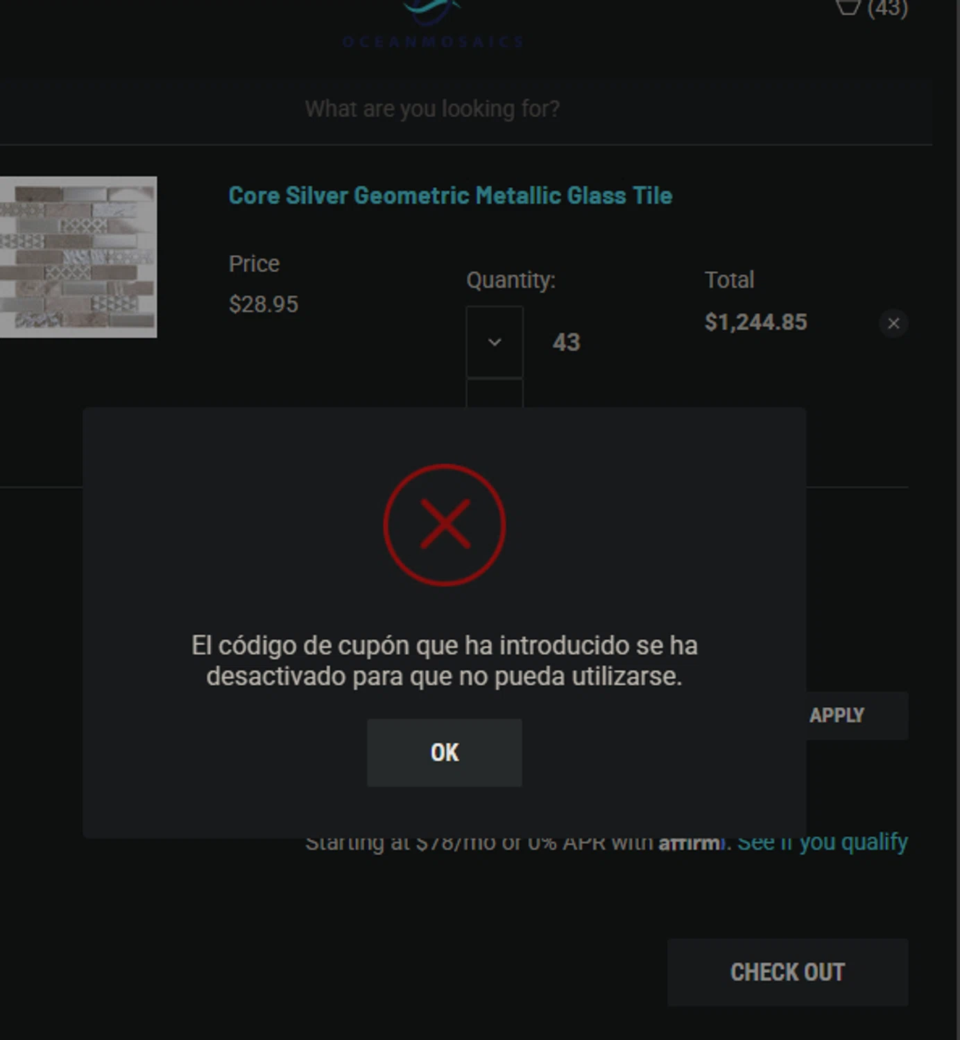Ocean Mosaics Tiles promo code screenshot showing code hr10rgc applied at Ocean Mosaics Tiles checkout page. Uploaded by SimplyCodes community member Gianpiero on Mar 6, 2025