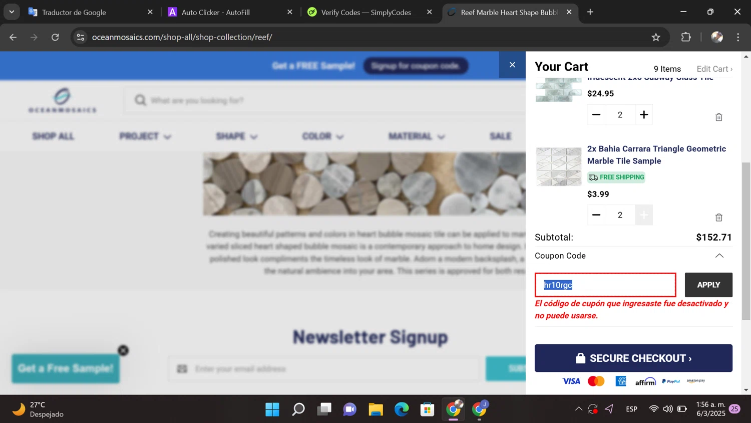 Ocean Mosaics Tiles promo code screenshot showing code hr10rgc applied at Ocean Mosaics Tiles checkout page. Uploaded by SimplyCodes community member MrShelbby on Mar 6, 2025
