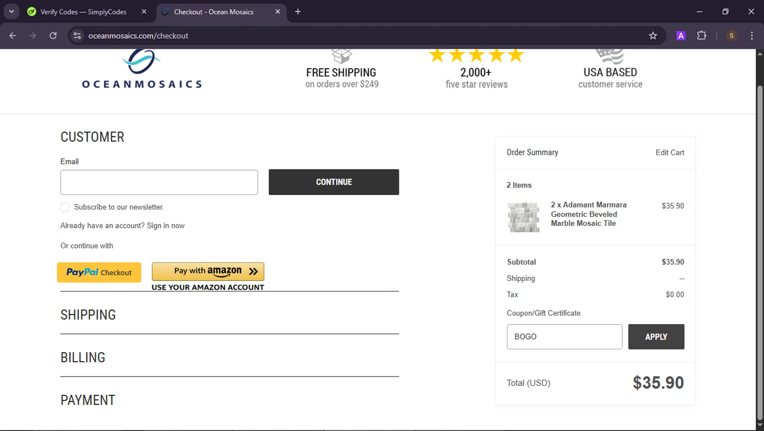 Ocean Mosaics Tiles checkout page showing Ocean Mosaics Tiles promo code box | Screenshot taken by SimplyCodes community member on Jun 20, 2025