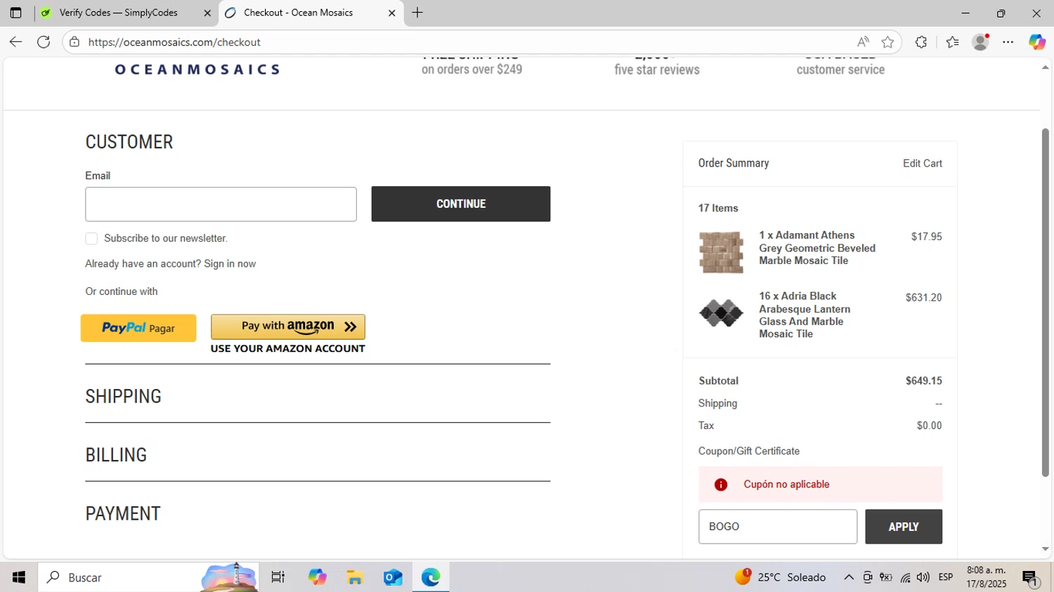 Ocean Mosaics Tiles promo code screenshot showing code BOGO applied at Ocean Mosaics Tiles checkout page. Uploaded by SimplyCodes community member DiscountCurator2907 on Aug 17, 2025