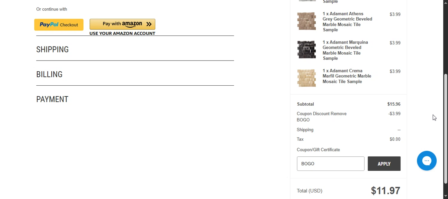 Ocean Mosaics Tiles checkout page showing Ocean Mosaics Tiles promo code box | Screenshot taken by SimplyCodes community member on Jul 19, 2025