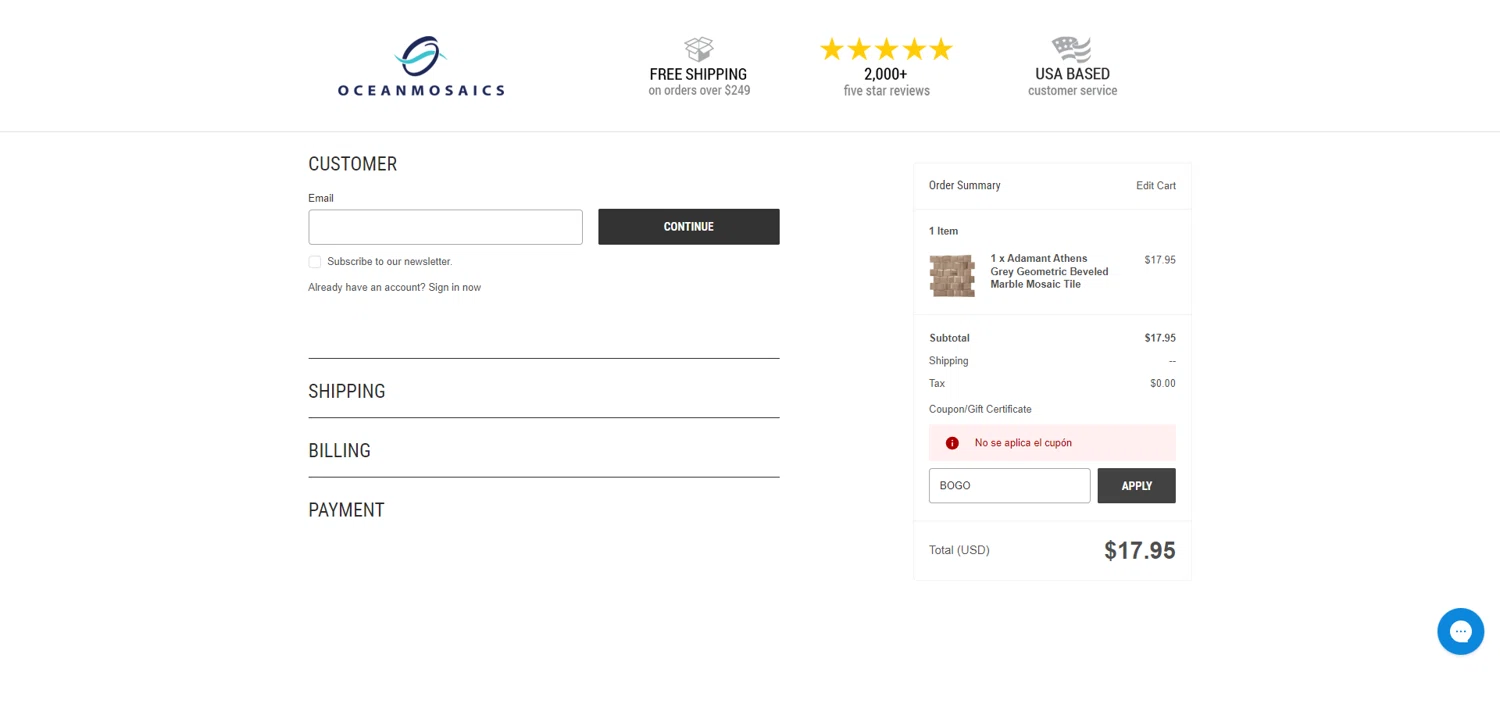 Ocean Mosaics Tiles promo code screenshot showing code BOGO applied at Ocean Mosaics Tiles checkout page. Uploaded by SimplyCodes community member NobleMaestro6498 on Sep 15, 2025