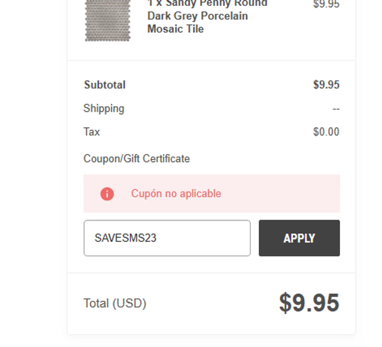 Ocean Mosaics Tiles promo code screenshot showing code SAVESMS23 applied at Ocean Mosaics Tiles checkout page. Uploaded by SimplyCodes community member gaaaaaaara on Apr 5, 2025