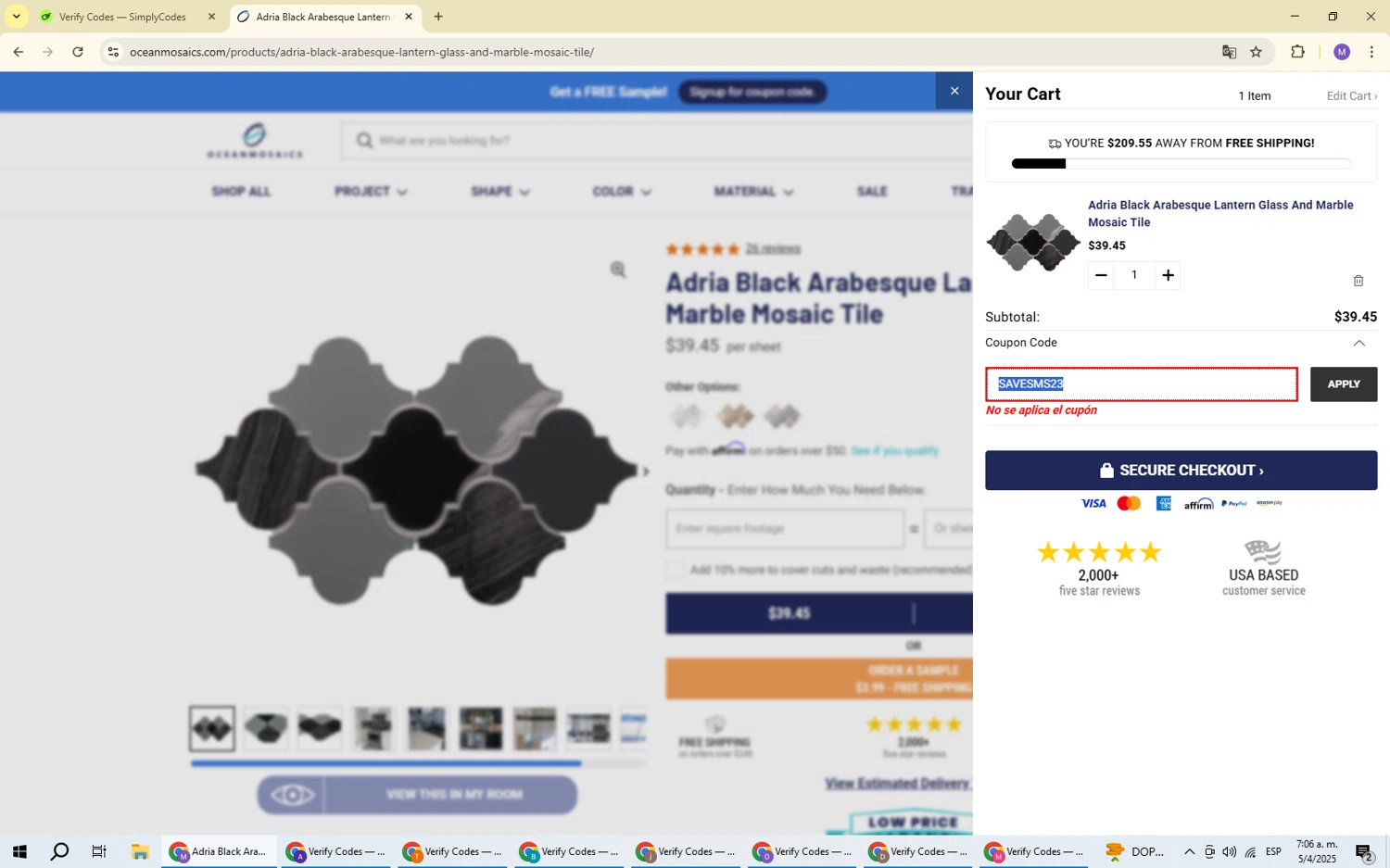 Ocean Mosaics Tiles promo code screenshot showing code SAVESMS23 applied at Ocean Mosaics Tiles checkout page. Uploaded by SimplyCodes community member VoucherScout6115 on Apr 5, 2025