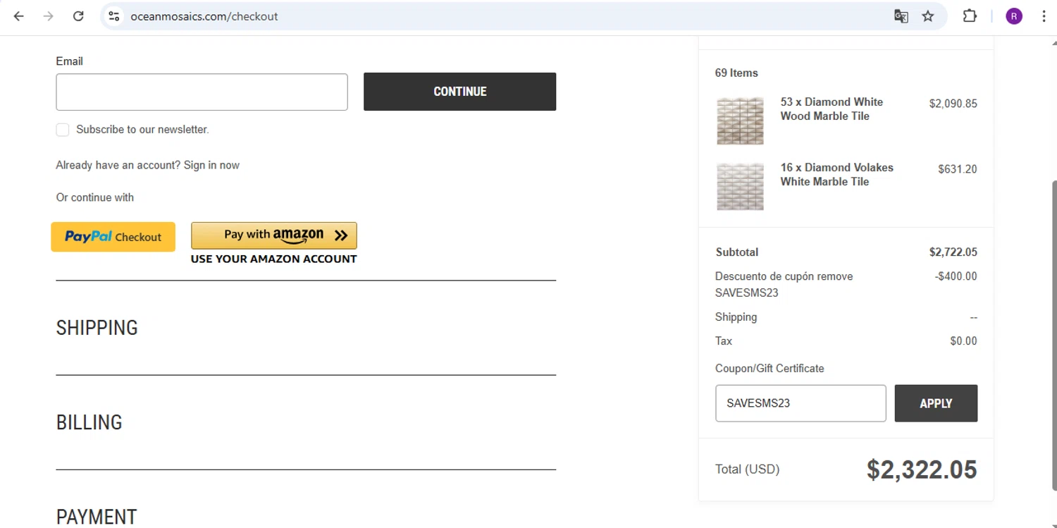 Ocean Mosaics Tiles promo code screenshot showing code SAVESMS23 applied at Ocean Mosaics Tiles checkout page. Uploaded by SimplyCodes community member rapc3030 on May 4, 2025
